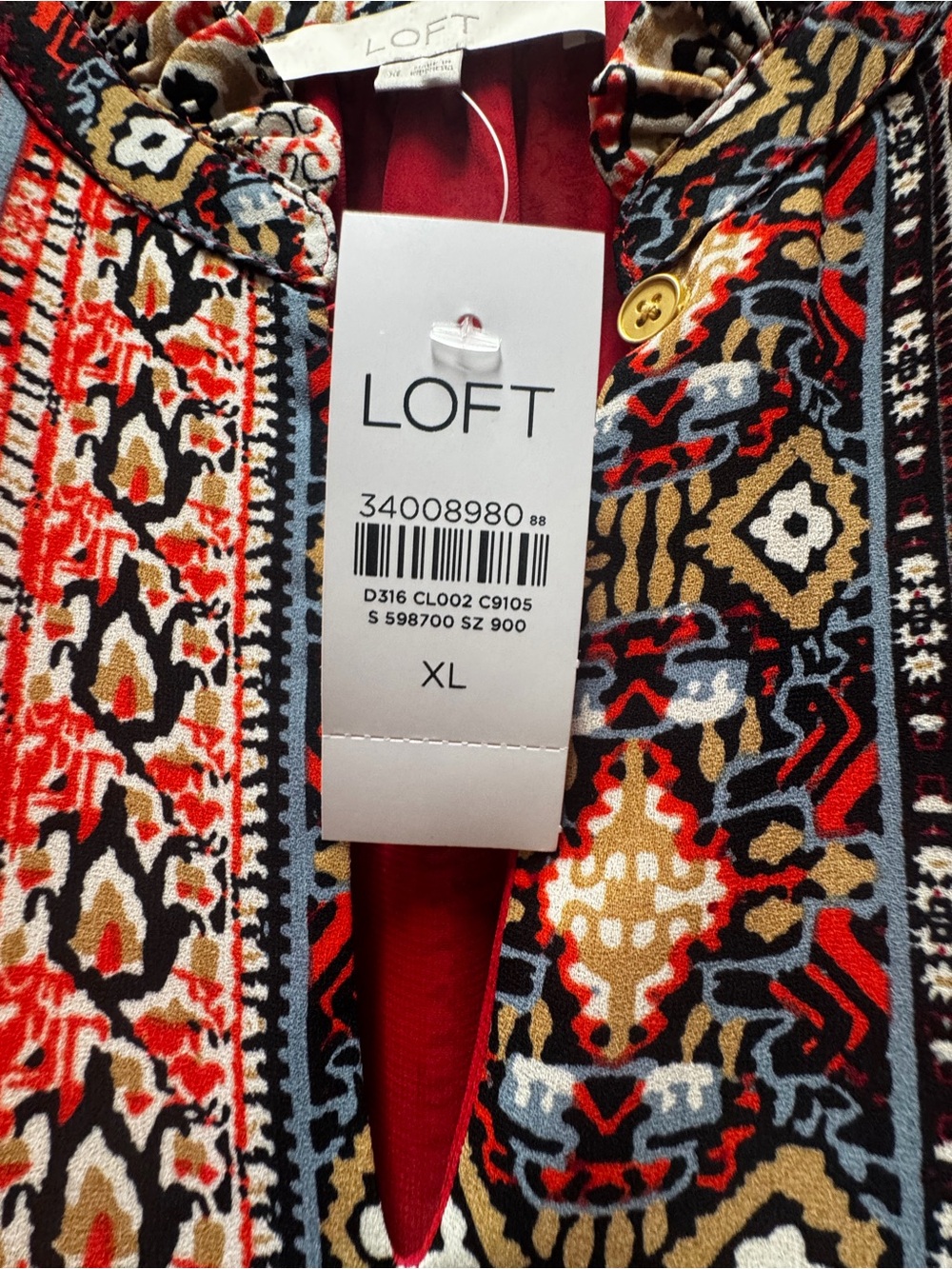 LOFT Red Multi-Pattern Long-Sleeve Tiered Dress - Picture 6 of 11
